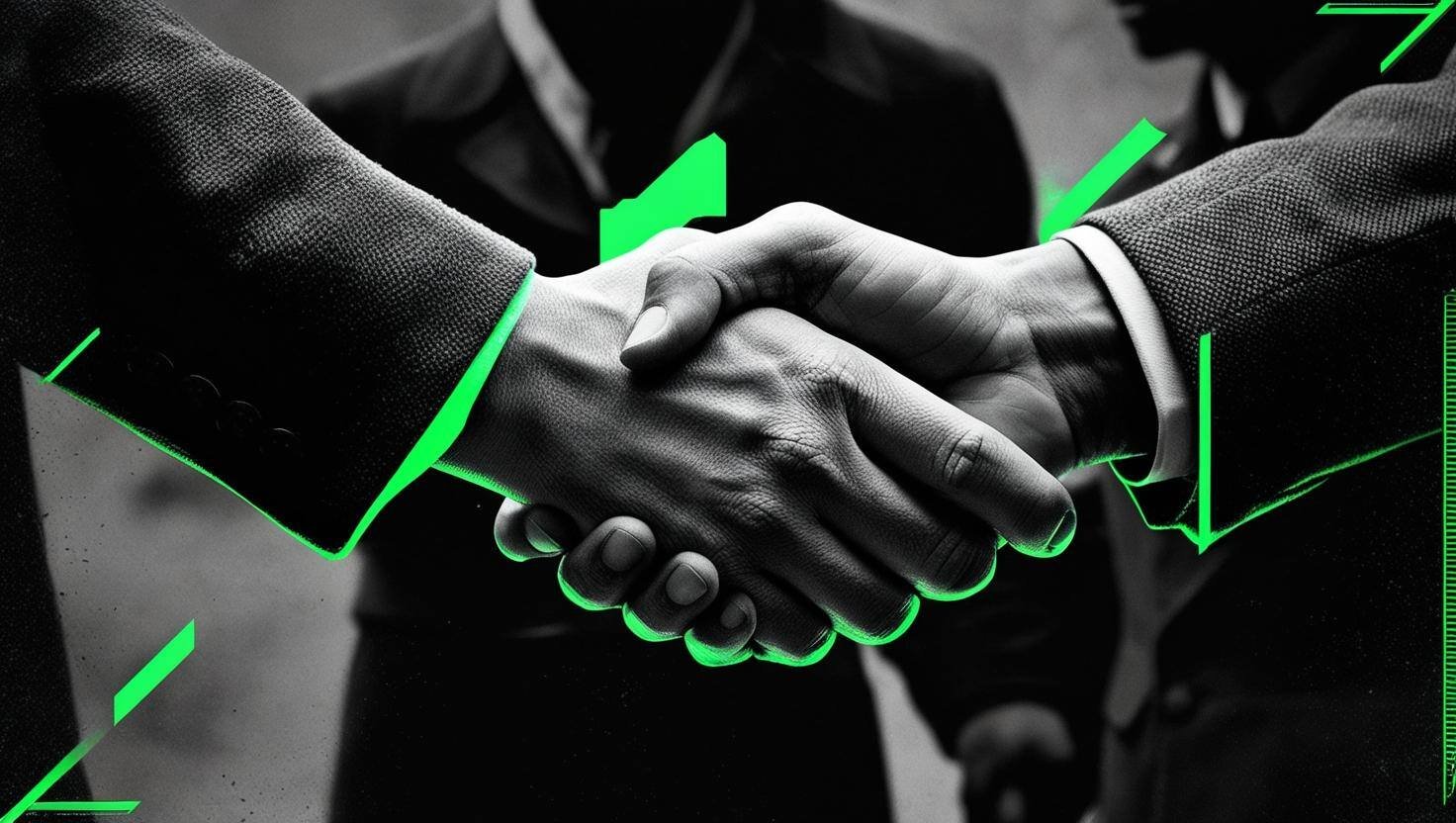 i need an image of a grainy black and white handshake for a landing page. it needs to be the theme of _cyber war games_ and in blacks and greys and neon greens. no words. this is a landing page for partenrs, so we are the GOOD GUYS. NO WORD